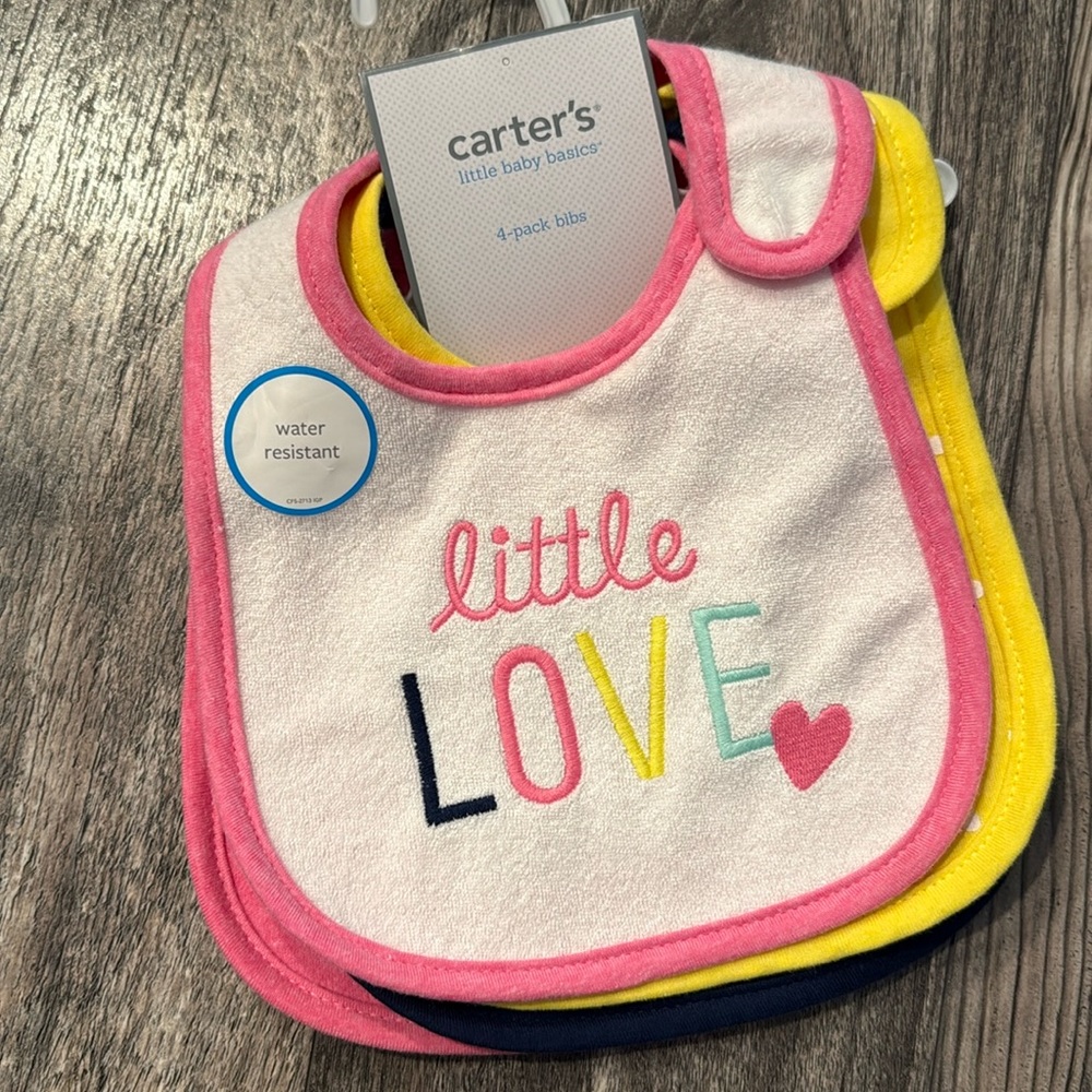 Carter's 4-Pack Water Resistant Bibs Velcro new cotton girls pink